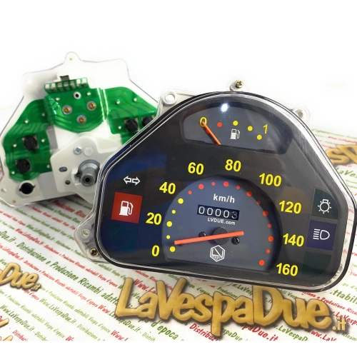 Kilometerzähler 160 km/h für Vespa HP 4 FL V FL2 50 90 125 SPEEDMATIC AUTOMATICA gelbe Ziffern mit LVDUE-Logo-Adapter ro 290475 269576 269567 265909