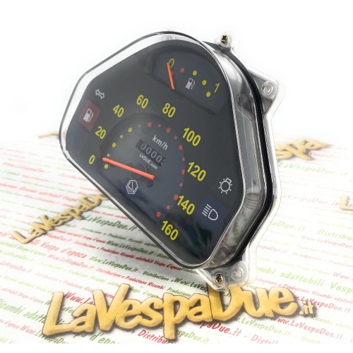 Kilometerzähler 160 km/h für Vespa HP 4 FL V FL2 50 90 125 SPEEDMATIC AUTOMATICA gelbe Ziffern mit LVDUE-Logo-Adapter ro 290475 269576 269567 265909