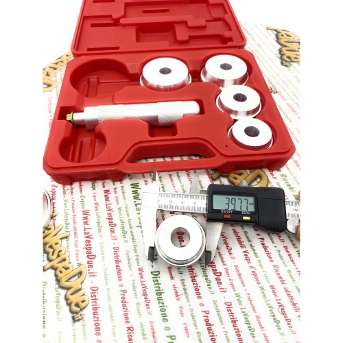 Attrezzo montaggio guida cuscinetti e paraoli per VESPA APE LAMBRETTA 50 80 90 125 150 160 180 200 set con 6 boccole in alluminio da mm 40 45 50 60 63 65