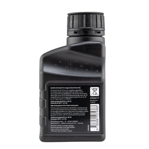 Aceite para motor y caja de cambios SIP Formula SAE 30 en botella de 250 ml. Para VESPA Lambretta 50 90 125 150 160 180 200. Para coches y motocicletas clásicas desde 1946 en adelante. Monogrado.