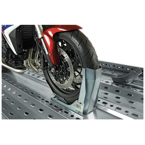 Cale de roue fixe STEADYSTAND FIXED pour le transport de motos VESPA PX SPRINT GS SS VBB VNB et LAMBRETTA, pour pneus de 10 à 19 pouces de diamètre et de 90 à 130 mm de largeur, compatible avec les remorques, les camping-cars et les fourgonnettes.