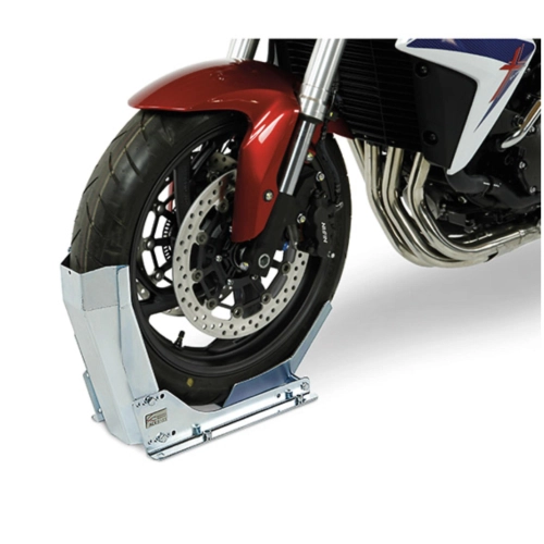 Cale de roue fixe STEADYSTAND FIXED pour le transport de motos VESPA PX SPRINT GS SS VBB VNB et LAMBRETTA, pour pneus de 10 à 19 pouces de diamètre et de 90 à 130 mm de largeur, compatible avec les remorques, les camping-cars et les fourgonnettes.