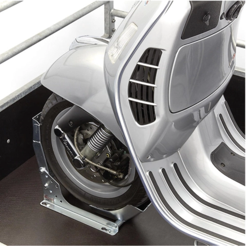 STEADYSTAND FIXED SCOOTER wheel chock for transporting VESPA PX SPRINT GS SS VBB VNB LAMBRETTA motorcycles for tyres with a diameter of 10 to 13 inches and a width of 80 to 120 mm, trailer, ramp, camper, garage, van