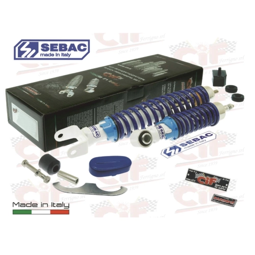 Kit de amortiguadores delanteros y traseros CARBONE SEBAC SPORT para VESPA 50 90 125 NLR PRIMAVERA SPECIAL ET3 ajustables con 3 posiciones, completo con accesorios para revisión y restauración.