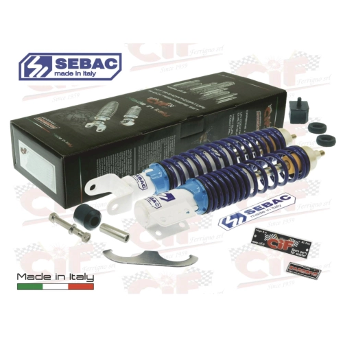 Kit de amortiguadores delanteros y traseros CARBONE SEBAC SPORT para VESPA PX PE 80 125 150 200 ARCOBALENO T5 ajustables con 3 posiciones, completo con accesorios para revisión y restauración.