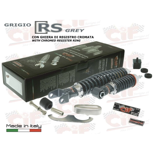 Kit de amortiguadores delanteros y traseros CARBONE SPORT RS GREY para VESPA 50 90 125 NLR SPECIAL ET3 PRIMAVERA, ajustables con 3 posiciones, completo con accesorios para revisión y restauración.