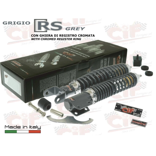 Kit de amortiguadores delanteros y traseros CARBONE SPORT RS GREY para VESPA PX PE 80 125 150 200 ARCOBALENO T5 ajustables con 3 posiciones, completo con accesorios para revisión y restauración.