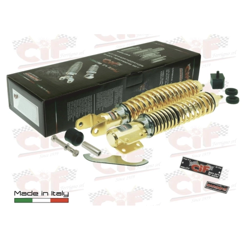 Kit d'amortisseurs avant et arrière CARBONE SPORT GOLD pour VESPA PX PE 80 125 150 200 ARCOBALENO T5, réglable sur 3 positions, avec accessoires de révision et de restauration.
