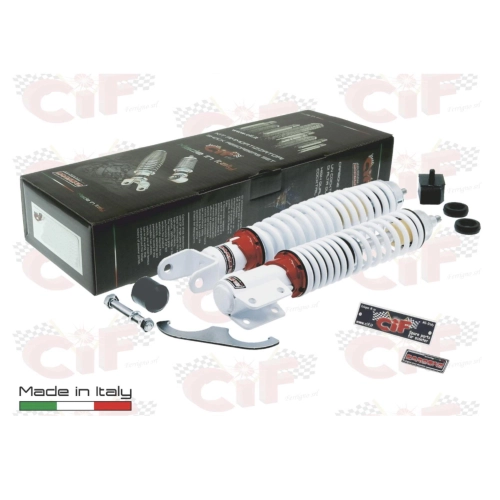 CARBONE SPORT TUNING weißes Stoßdämpfer-Set für Vorder- und Hinterachse für VESPA PX PE 80 125 150 200 ARCOBALENO T5, 3-fach verstellbar, komplett mit Zubehör für Überholung und Restaurierung