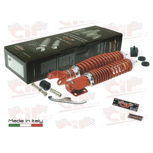 Kit de amortiguadores delanteros y traseros rojos CARBONE SPORT TUNING para VESPA PX PE 80 125 150 200 ARCOBALENO T5 ajustables con 3 posiciones, completo con accesorios para revisión y restauración.