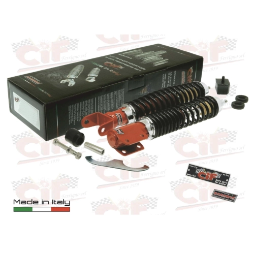 Kit de amortiguadores delanteros y traseros CARBONE SPORT TUNING para VESPA PX PE 80 125 150 200 ARCOBALENO T5 ajustable con 3 posiciones, completo con accesorios para revisión y restauración.