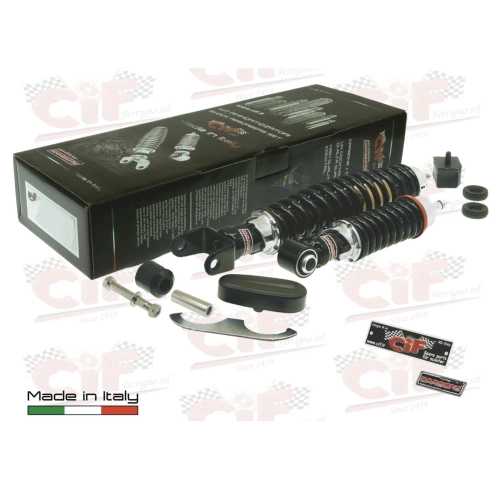Kit d'amortisseurs avant et arrière CARBONE SPORT TUNING noirs pour VESPA 50 90 125 NLR SPECIAL ET3 PRIMAVERA, réglables sur 3 positions, avec accessoires pour la révision et la restauration.