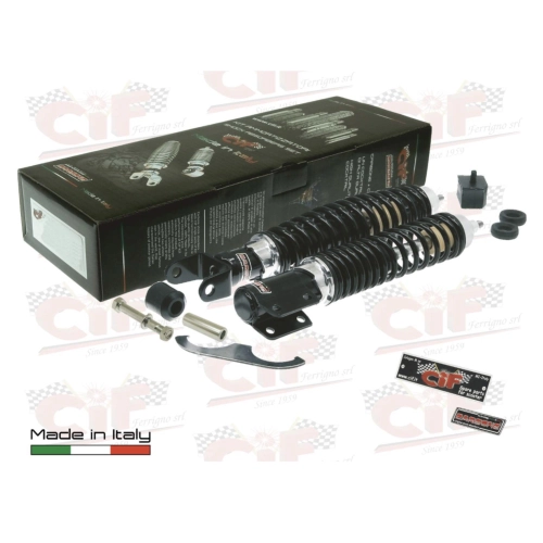 Kit d'amortisseurs avant et arrière CARBONE SPORT TUNING noirs pour VESPA PX PE 80 125 150 200 ARCOBALENO T5, réglable sur 3 positions, avec accessoires de révision et de restauration.