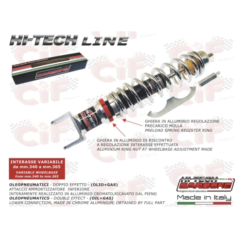 Ammortizzatore posteriore CARBONE HI-TECH cromato per VESPA 50 90 N L R SPECIAL ET3 PRIMAVERA PX PE 80 125 150 200 GT RALLY SPRINT TS VNB VBB PX PE ARCOBALENO T5 oleopneumatico regolabile