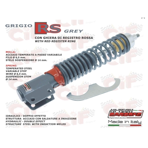 CARBONE front shock absorber for VESPA 125 150 200 PX PE ARCOBALENO T5 grey RS sporty adjustable 3 positions with red adjustment ring
