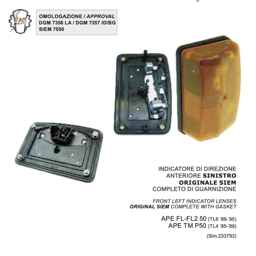 Luz intermitente delantera izquierda SIEM para APE FL FL2 50 APE TM P 50, intermitente de dirección ro 233793, completa con junta.