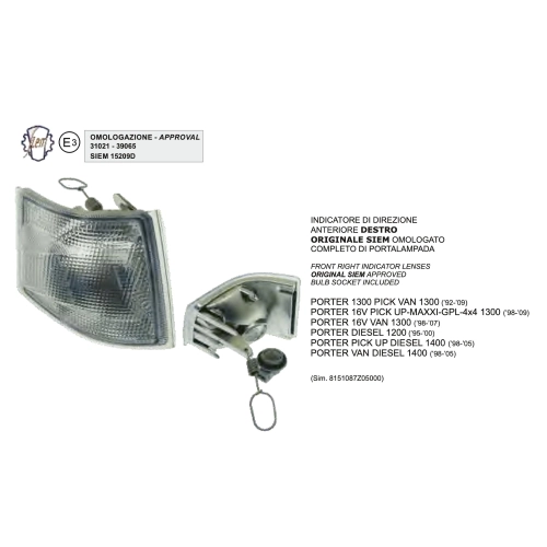 Front right turn signal light SIEM PIAGGIO PORTER direction ro 81510-87Z05 8151087Z05000 from 1998 to 2007
