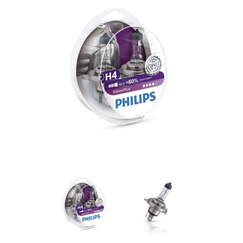 Set mit 2 PHILIPS H4 VISION PLUS 12V 60/55W Halogenlampen mit P43T-Sockel und Quarzglas Art.-Nr. Philips: 12342VPS2