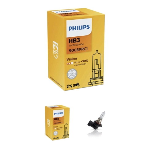 Ampoule halogène PHILIPS HB3 12 V 60 W, culot plastique P20d, verre quartz. Réf. Philips : 9005PRC1