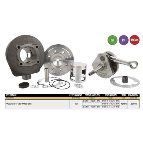 PINASCO 25361001 Umbausatz aus Gusseisen für VESPA 125 150 VNB VBB GL GTR SPRINT VELOCE GT GTR TS 190 cm³ Langhub 60 mm 25032804 + 25080902