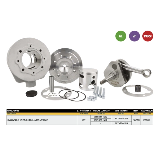 OFFRE SPÉCIALE Kit de conversion aluminium PINASCO 25361003 pour VESPA 125 150 VNB VBB GL GTR SPRINT VELOCE GT GTR TS 190 cc course longue 60 mm 25032942 + 25080902