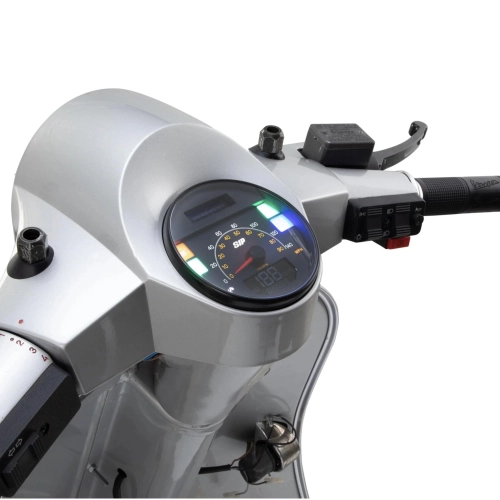 SIP 50002810 2.1 Lusso-Style Tachometer für Vespa 80, 125, 150, 200, PX und Arcobaleno Lusso (Modelljahr 1998), auch für GTV GT60 geeignet. Schwarzes Zifferblatt, weiße Ziffern, Edelstahlrahmen, 24 Funktionen, digital/analog.