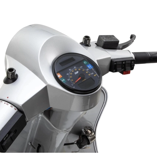 SIP 50002810 2.1 Lusso-Style Tachometer für Vespa 80, 125, 150, 200, PX und Arcobaleno Lusso (Modelljahr 1998), auch für GTV GT60 geeignet. Schwarzes Zifferblatt, weiße Ziffern, Edelstahlrahmen, 24 Funktionen, digital/analog.