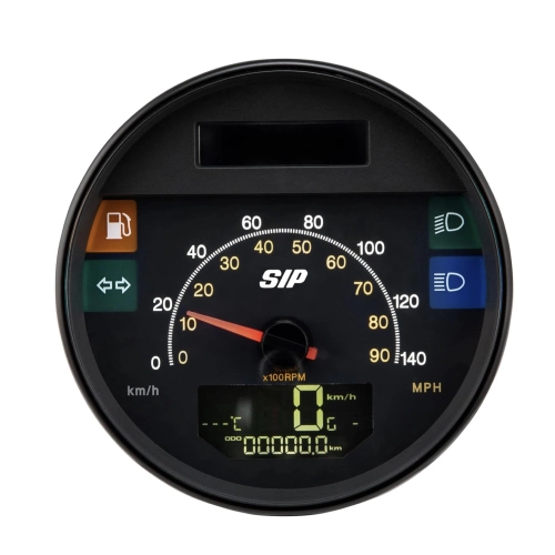 SIP 50002810 2.1 Lusso-Style Tachometer für Vespa 80, 125, 150, 200, PX und Arcobaleno Lusso (Modelljahr 1998), auch für GTV GT60 geeignet. Schwarzes Zifferblatt, weiße Ziffern, Edelstahlrahmen, 24 Funktionen, digital/analog.