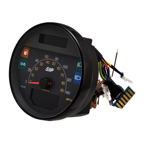 SIP 50002810 2.1 Lusso-Style Tachometer für Vespa 80, 125, 150, 200, PX und Arcobaleno Lusso (Modelljahr 1998), auch für GTV GT60 geeignet. Schwarzes Zifferblatt, weiße Ziffern, Edelstahlrahmen, 24 Funktionen, digital/analog.