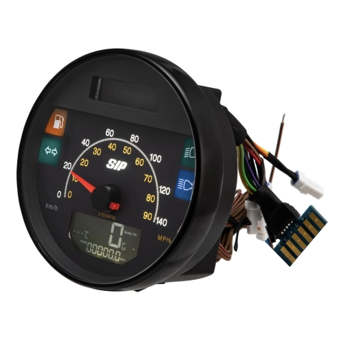 SIP 50002810 2.1 Lusso-Style Tachometer für Vespa 80, 125, 150, 200, PX und Arcobaleno Lusso (Modelljahr 1998), auch für GTV GT60 geeignet. Schwarzes Zifferblatt, weiße Ziffern, Edelstahlrahmen, 24 Funktionen, digital/analog.