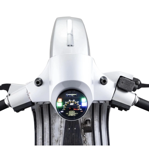 SIP 50002810 2.1 Lusso-Style Tachometer für Vespa 80, 125, 150, 200, PX und Arcobaleno Lusso (Modelljahr 1998), auch für GTV GT60 geeignet. Schwarzes Zifferblatt, weiße Ziffern, Edelstahlrahmen, 24 Funktionen, digital/analog.