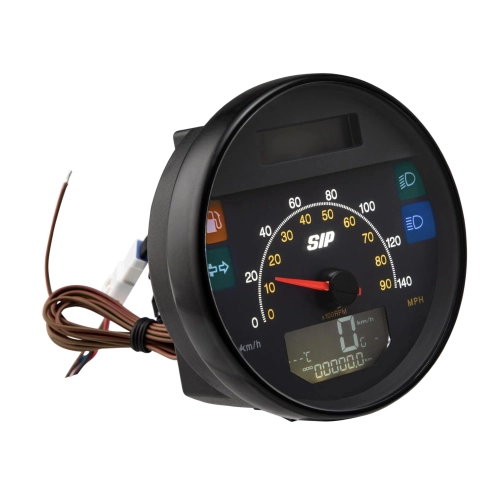 SIP 50002810 2.1 Lusso-Style Tachometer für Vespa 80, 125, 150, 200, PX und Arcobaleno Lusso (Modelljahr 1998), auch für GTV GT60 geeignet. Schwarzes Zifferblatt, weiße Ziffern, Edelstahlrahmen, 24 Funktionen, digital/analog.
