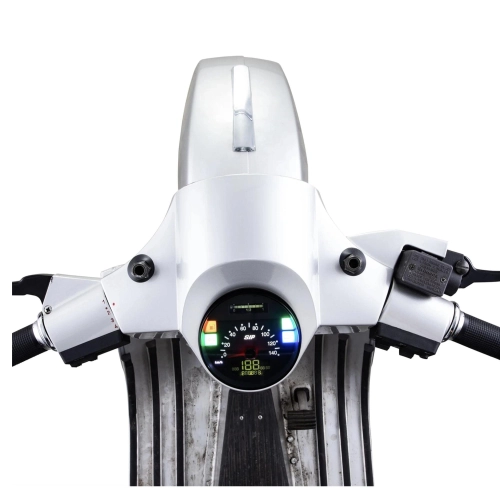 SIP 50002800 2.1 Lusso-Style Tachometer für Vespa 80, 125, 150, 200, PX und Arcobaleno Lusso (Modelljahr 1998), auch für GTV GT60 geeignet. Schwarzes Zifferblatt, weiße Ziffern, Edelstahlrahmen, 24 Funktionen, digital/analog.