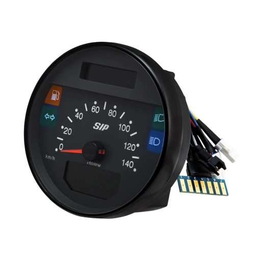 SIP 50002800 2.1 Lusso-Style Tachometer für Vespa 80, 125, 150, 200, PX und Arcobaleno Lusso (Modelljahr 1998), auch für GTV GT60 geeignet. Schwarzes Zifferblatt, weiße Ziffern, Edelstahlrahmen, 24 Funktionen, digital/analog.