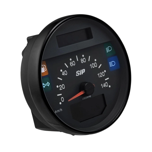 SIP 50002800 2.1 Lusso-Style Tachometer für Vespa 80, 125, 150, 200, PX und Arcobaleno Lusso (Modelljahr 1998), auch für GTV GT60 geeignet. Schwarzes Zifferblatt, weiße Ziffern, Edelstahlrahmen, 24 Funktionen, digital/analog.