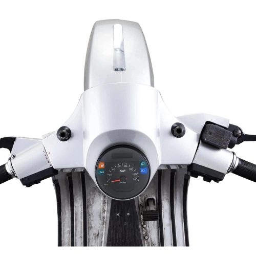 SIP 50002800 2.1 Lusso-Style Tachometer für Vespa 80, 125, 150, 200, PX und Arcobaleno Lusso (Modelljahr 1998), auch für GTV GT60 geeignet. Schwarzes Zifferblatt, weiße Ziffern, Edelstahlrahmen, 24 Funktionen, digital/analog.