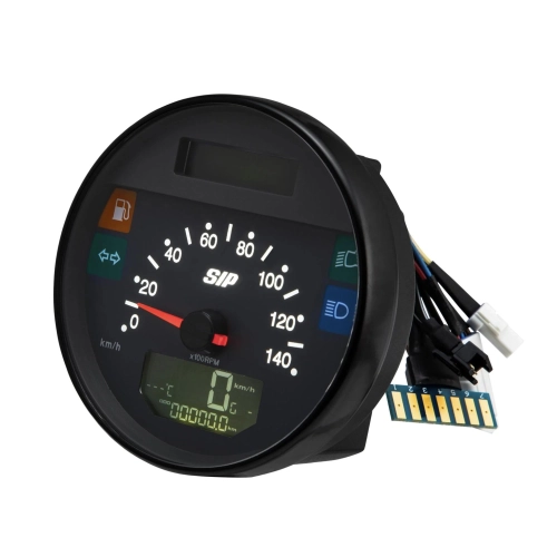SIP 50002800 2.1 Lusso-Style Tachometer für Vespa 80, 125, 150, 200, PX und Arcobaleno Lusso (Modelljahr 1998), auch für GTV GT60 geeignet. Schwarzes Zifferblatt, weiße Ziffern, Edelstahlrahmen, 24 Funktionen, digital/analog.