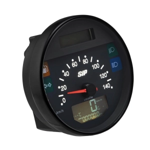 SIP 50002800 2.1 Lusso-Style Tachometer für Vespa 80, 125, 150, 200, PX und Arcobaleno Lusso (Modelljahr 1998), auch für GTV GT60 geeignet. Schwarzes Zifferblatt, weiße Ziffern, Edelstahlrahmen, 24 Funktionen, digital/analog.