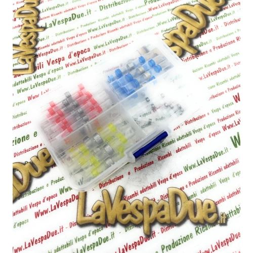 Lot de 50 connecteurs de soudure thermorétractables de tailles et de couleurs variées pour voitures, scooters et motos VESPA APE LAMBRETTA, permettant la réparation de câbles, stators, condensateurs et systèmes électriques usés.