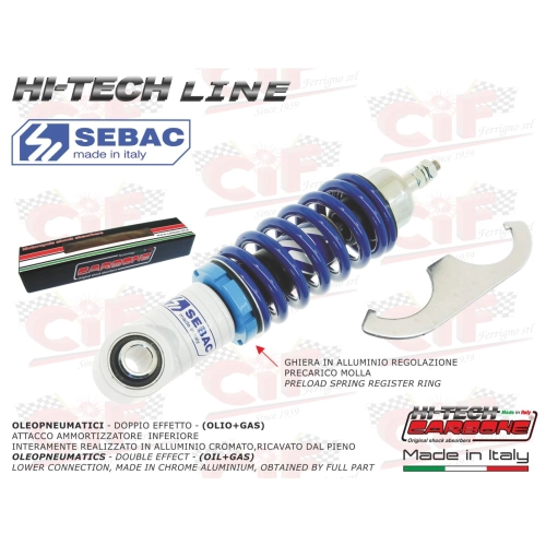 Amortiguador delantero ajustable SEBAC HI-TECH para VESPA 50 90 125 ET3 PK NLR SPECIAL PRIMAVERA blanco y azul