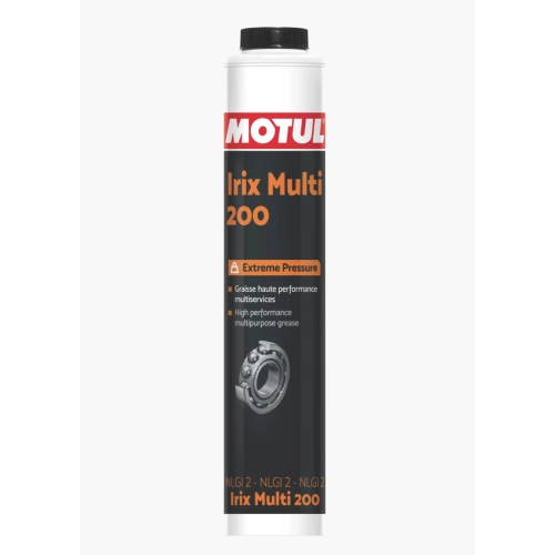 Offre Motul Multi Grease 200 : cartouche de graisse multifonction à base d'huile minérale et de savon de lithium, enrichie d'additifs extrême pression haute performance pour roulements. Cartouche de 400 g, couleur orange.