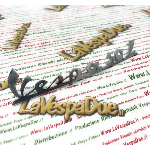 Rear plate lettering in polished aluminum, 158 mm long, for VESPA 50 L, italic, Italian product in ir.o. casting. 151712