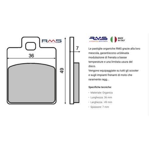 RMS organische Bremsbeläge für die Vorderachse für PIAGGIO LIBERTY ZIP ro 43105ARB000A 43105ZFA000A
