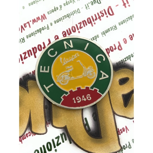 Shield Ø 41 mm Vintage logo emblem in aluminum VESPA TECNICA 1946 yellow and green to be applied on VESPA accessories with adhesive to stick Ø 41 mm