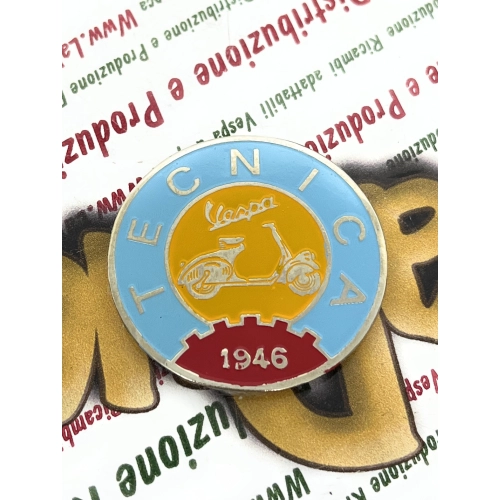 Schild, Ø 41 mm, Vintage-Logo-Emblem aus Aluminium VESPA TECNICA 1946, blau und gelb, zur Anbringung an VESPA-Zubehör mit Klebstoff, Ø 41 mm