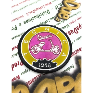 Ø 53 mm resin shield on aluminum base Vintage aluminum logo emblem VESPA TECNICA 1946 yellow and pink to be applied on VESPA accessories with adhesive to be glued Ø 53 mm