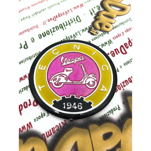 Ø 53 mm resin shield on aluminum base Vintage aluminum logo emblem VESPA TECNICA 1946 yellow and pink to be applied on VESPA accessories with adhesive to be glued Ø 53 mm