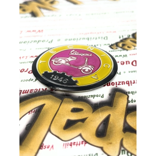 Ø 53 mm resin shield on aluminum base Vintage aluminum logo emblem VESPA TECNICA 1946 yellow and pink to be applied on VESPA accessories with adhesive to be glued Ø 53 mm