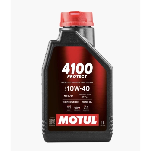 Aceite de motor MOTUL 4100 PROTECT 10W40. Lubricante Technosynthese adecuado para vehículos con alto kilometraje, tanto diésel como gasolina, con motor atmosférico o turboalimentado, con inyección directa o indirecta.