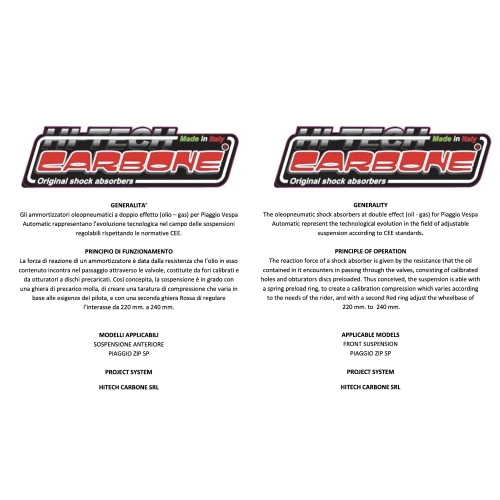 Adjustable HI-TECH front shock absorber for PIAGGIO ZIP SP with monotube fork adaptable to VESPA 50 90 125 PRIMAVERA ET3 PK